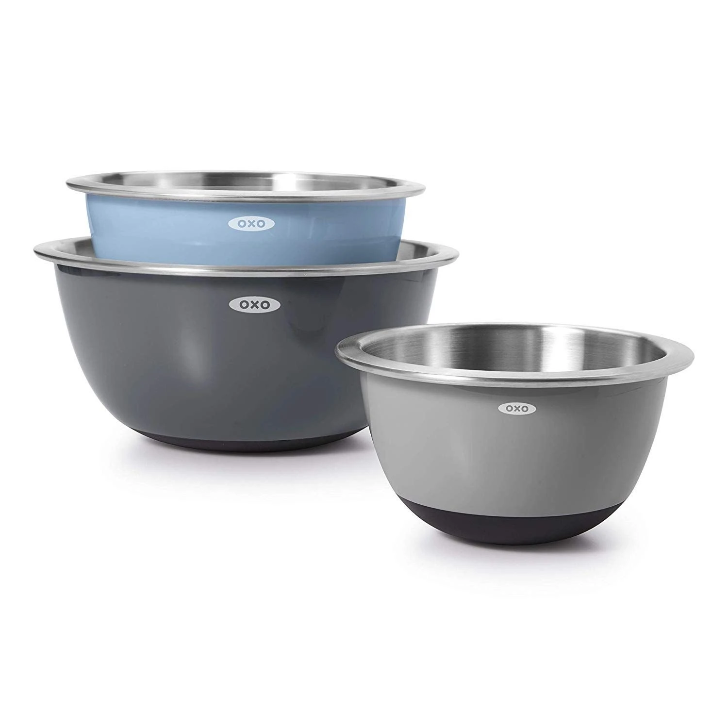 OXO 3-Piece Stainless Steel Mixing Bowl Set | Grey & Blue - Image 2