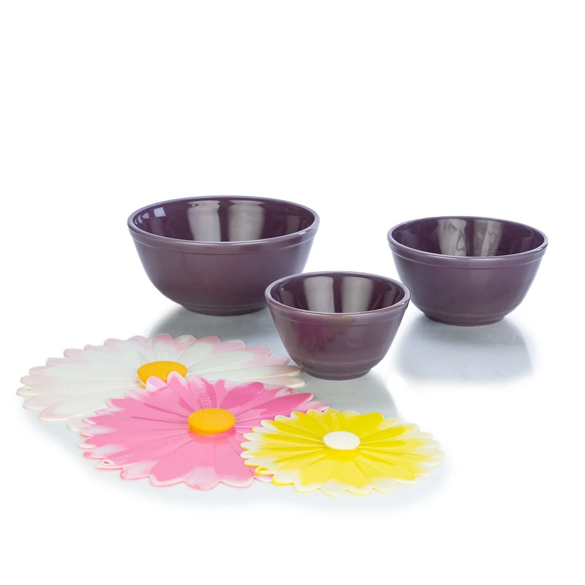 Mosser Glass Mixing Bowl Set With Silicone Lids | Eggplant & Daisies